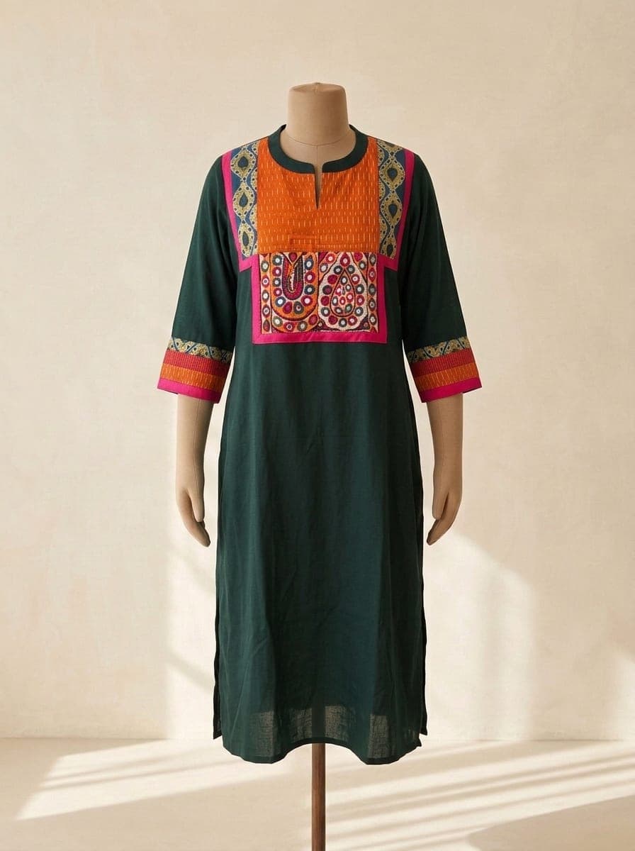Deep green kurti with an orange mirrorwork yoke, pink piping and patterned cuffs, against an ivory wall