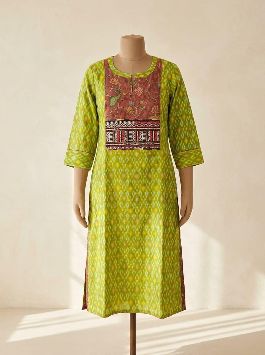 Lime green ikat kurti with a kalamkari floral yoke and an embroidered band, against an ivory wall