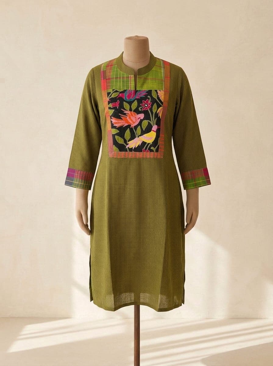 Olive checked kurti with a black panel of bird and flower embroidery and checked cuffs, against an ivory wall