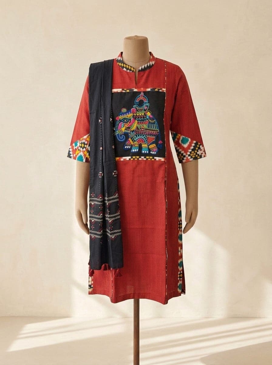 Red ikat kurti with a black embroidered elephant panel and patterned borders, with a black dupatta, against an ivory wall