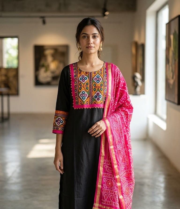 Styled image of a model wearing a black kurti with a mirrorwork yoke and cuffs and a pink bandhani dupatta